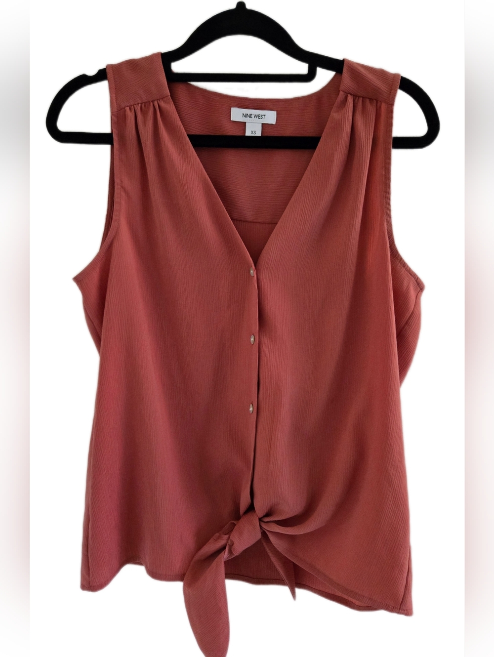🖤 Nine West Terracotta Coral Red Tie and Button Front Tank XS Sleeveless Blouse